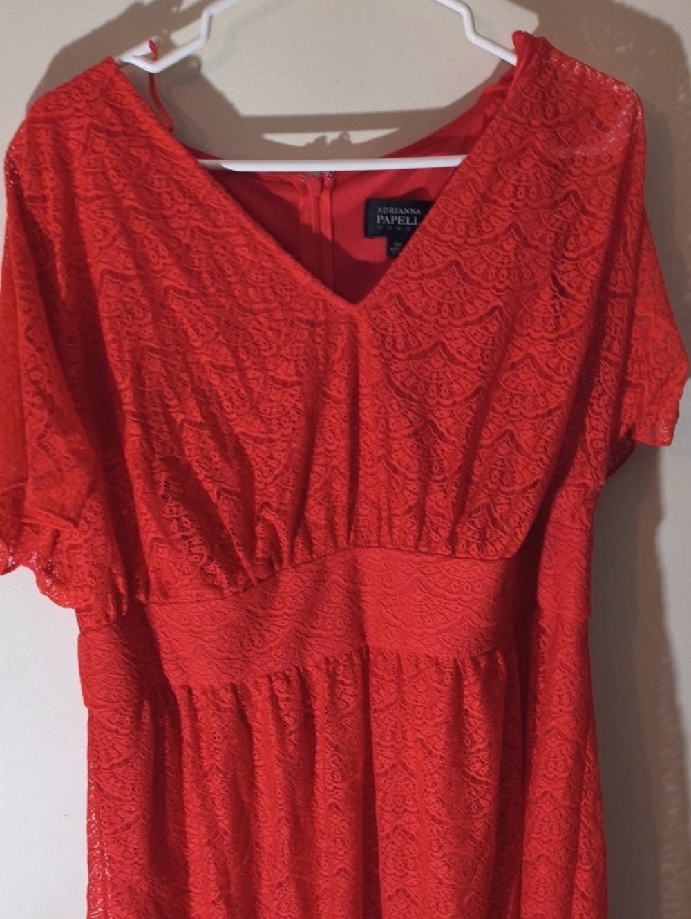 Adrianna Papell Red Lace Midi Dress with V-Neck
